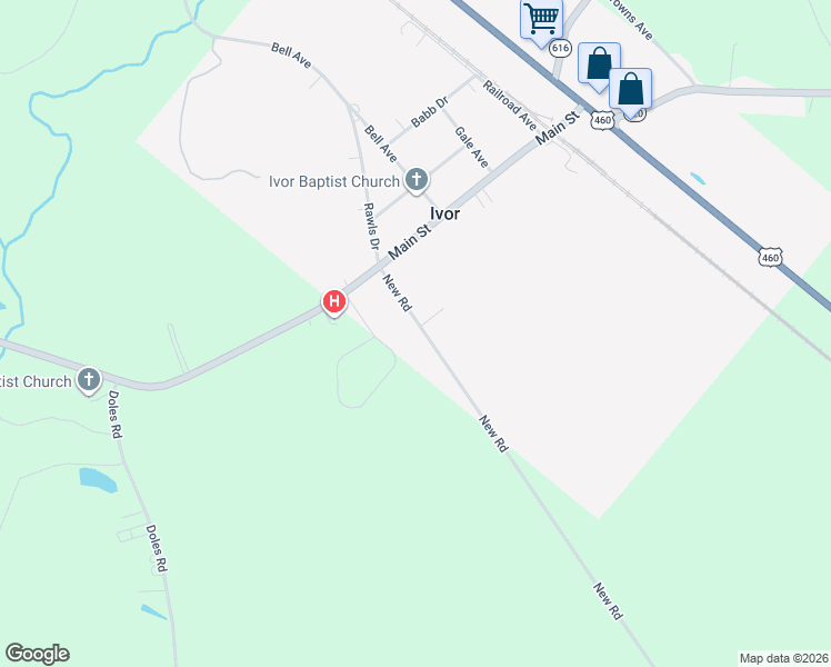 map of restaurants, bars, coffee shops, grocery stores, and more near 8652 New Road in Ivor