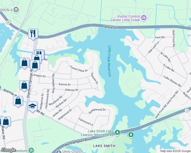 map of restaurants, bars, coffee shops, grocery stores, and more near 1716 Sunrise Drive in Virginia Beach