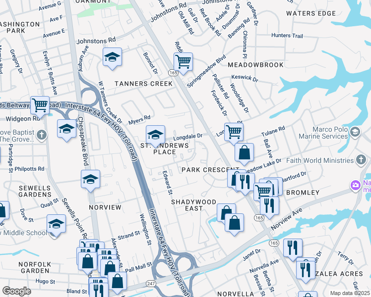 map of restaurants, bars, coffee shops, grocery stores, and more near 1474 East Tanners Creek Drive in Norfolk