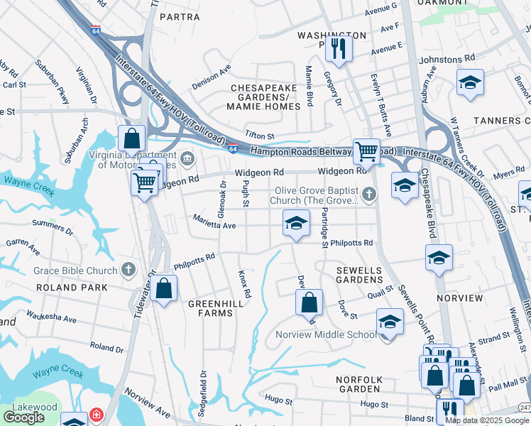 map of restaurants, bars, coffee shops, grocery stores, and more near 937 Albert Avenue in Norfolk