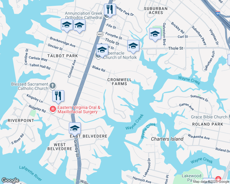 map of restaurants, bars, coffee shops, grocery stores, and more near 214 Sir Oliver Road in Norfolk