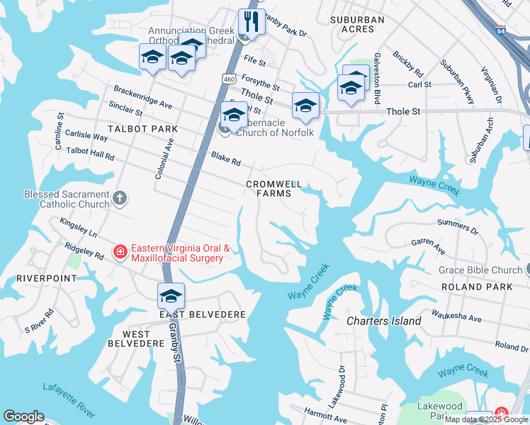 map of restaurants, bars, coffee shops, grocery stores, and more near 214 Sir Oliver Road in Norfolk