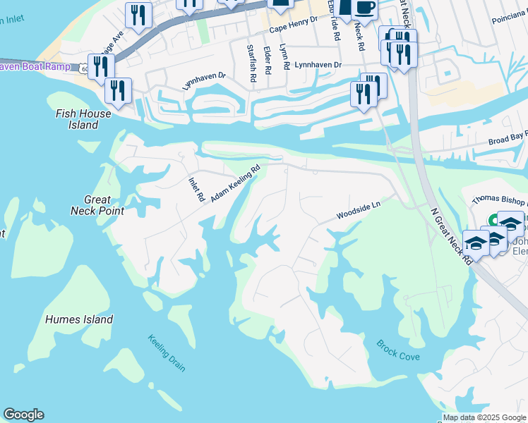 map of restaurants, bars, coffee shops, grocery stores, and more near 1925 West Twin Cove Road in Virginia Beach