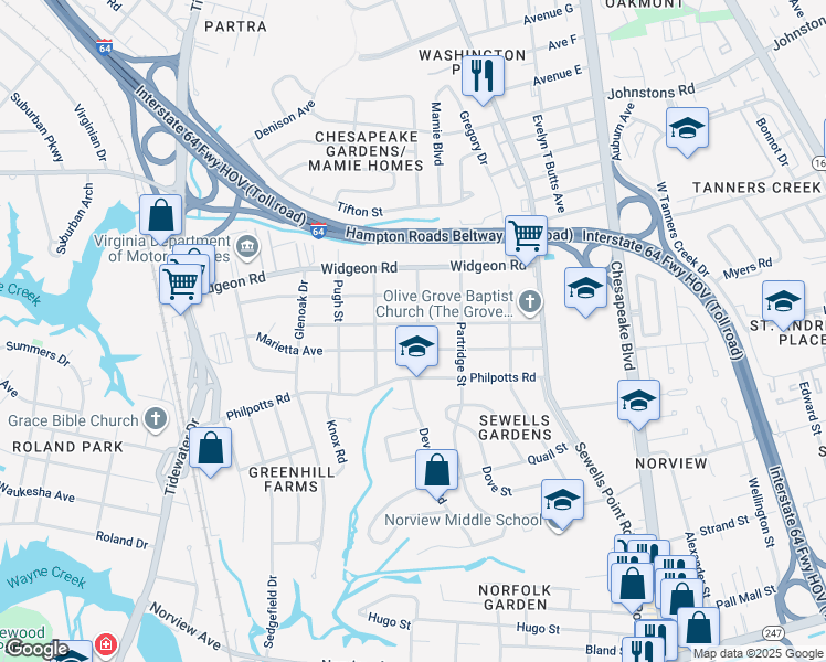 map of restaurants, bars, coffee shops, grocery stores, and more near 963 Albert Avenue in Norfolk