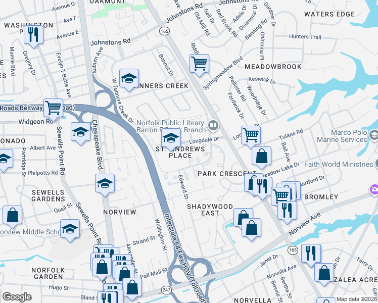 map of restaurants, bars, coffee shops, grocery stores, and more near 1440 East Tanners Creek Drive in Norfolk