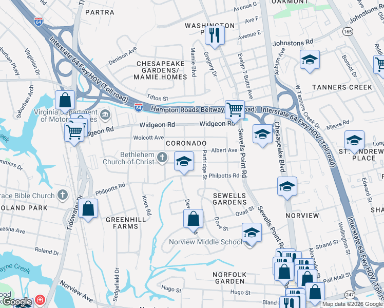 map of restaurants, bars, coffee shops, grocery stores, and more near 978 Marietta Avenue in Norfolk