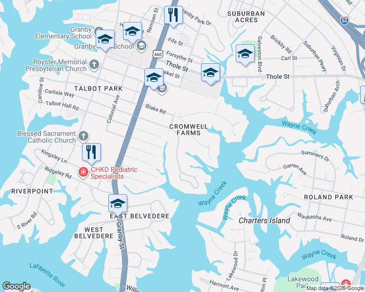 map of restaurants, bars, coffee shops, grocery stores, and more near 218 Sir Oliver Road in Norfolk