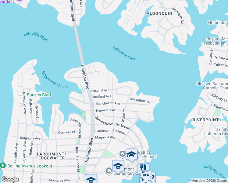 map of restaurants, bars, coffee shops, grocery stores, and more near 1106 Bedford Avenue in Norfolk