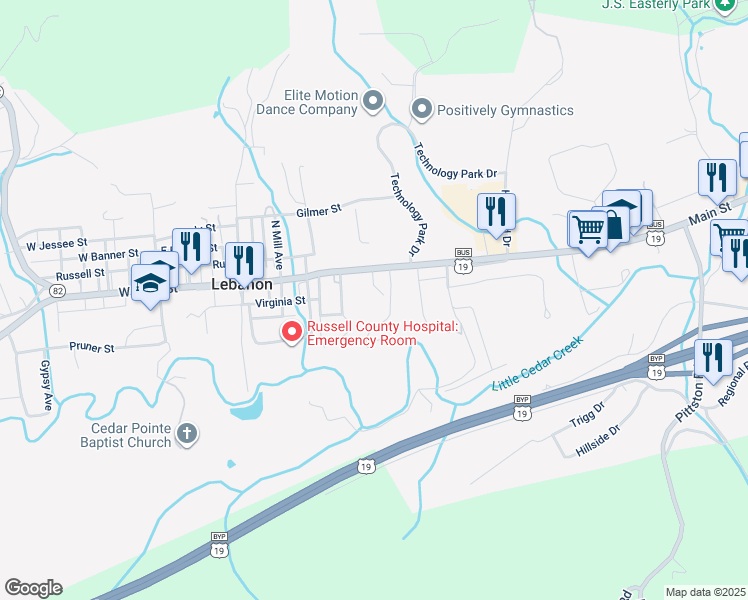 map of restaurants, bars, coffee shops, grocery stores, and more near Maple Grove Drive in Lebanon