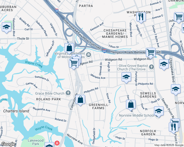 map of restaurants, bars, coffee shops, grocery stores, and more near 860 Marietta Avenue in Norfolk