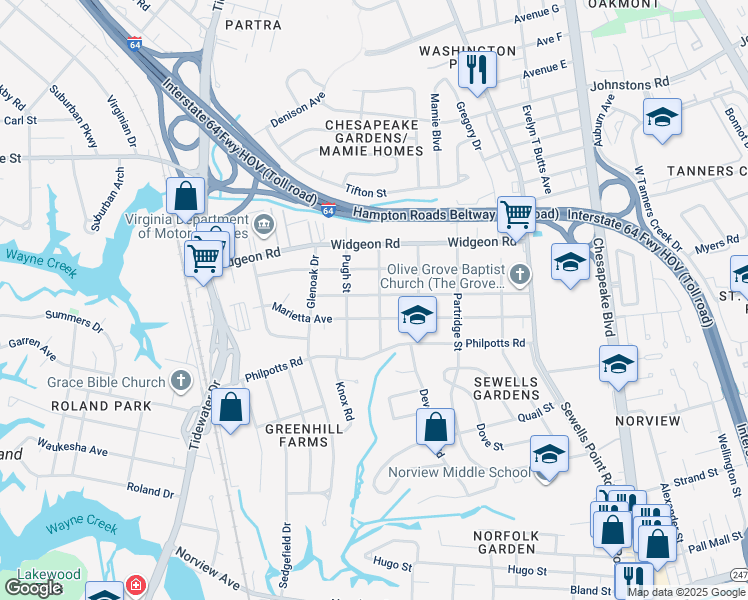 map of restaurants, bars, coffee shops, grocery stores, and more near 937 Albert Avenue in Norfolk