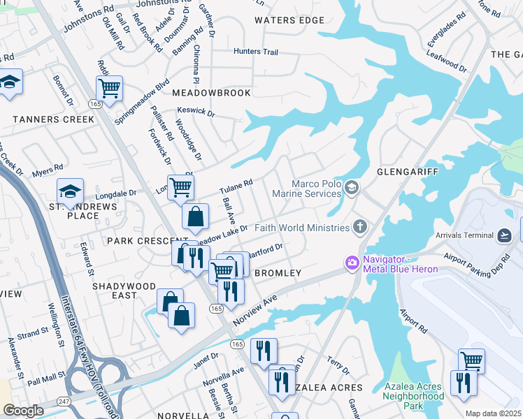 map of restaurants, bars, coffee shops, grocery stores, and more near 6414 Crafford Avenue in Norfolk