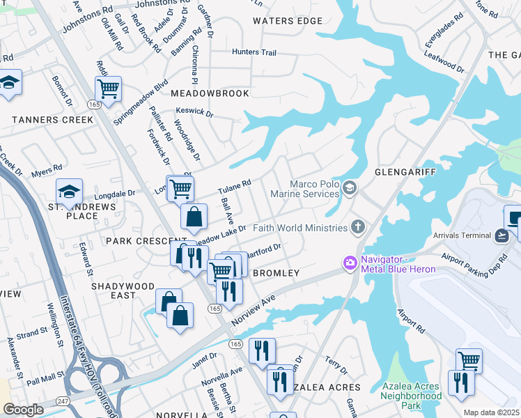 map of restaurants, bars, coffee shops, grocery stores, and more near 6414 Crafford Avenue in Norfolk