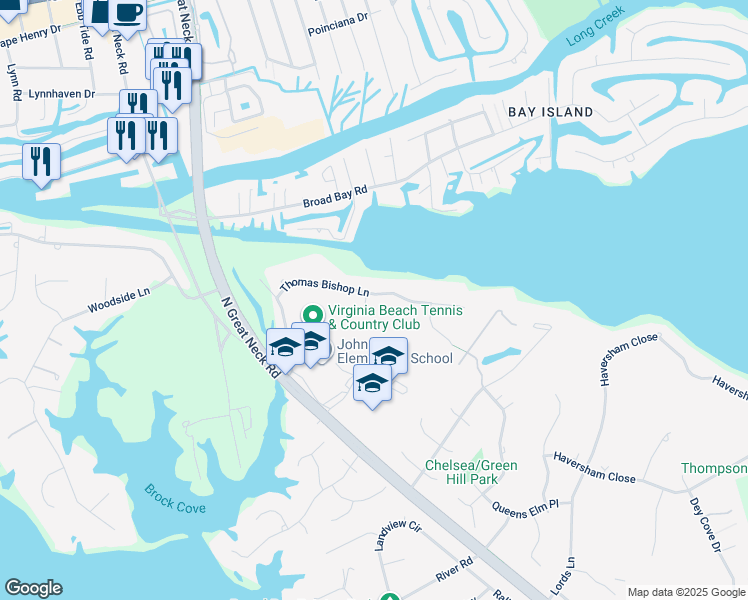 map of restaurants, bars, coffee shops, grocery stores, and more near 2052 Thomas Bishop Lane in Virginia Beach