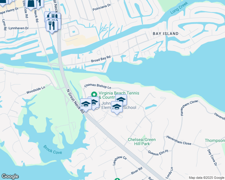 map of restaurants, bars, coffee shops, grocery stores, and more near 2052 Thomas Bishop Lane in Virginia Beach