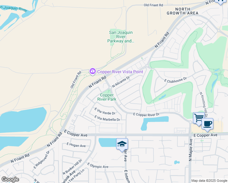 map of restaurants, bars, coffee shops, grocery stores, and more near North Alicante Drive in Fresno