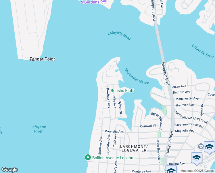 map of restaurants, bars, coffee shops, grocery stores, and more near Powhatan Ave & Powhatan Place in Norfolk