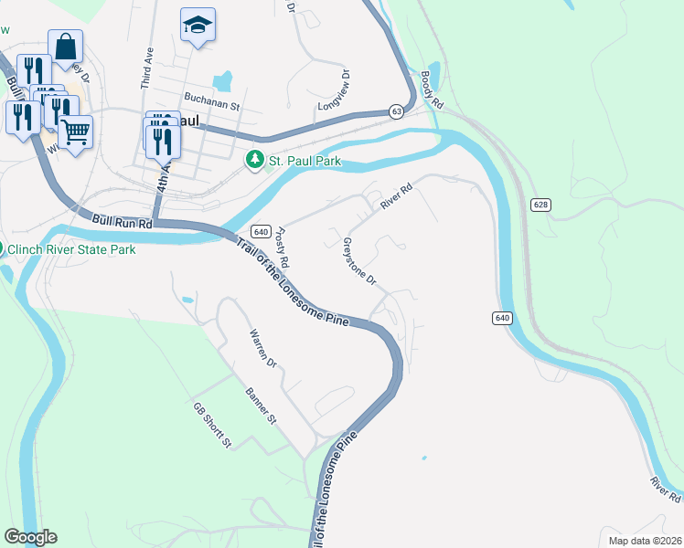 map of restaurants, bars, coffee shops, grocery stores, and more near 188 Greystone Drive in Castlewood