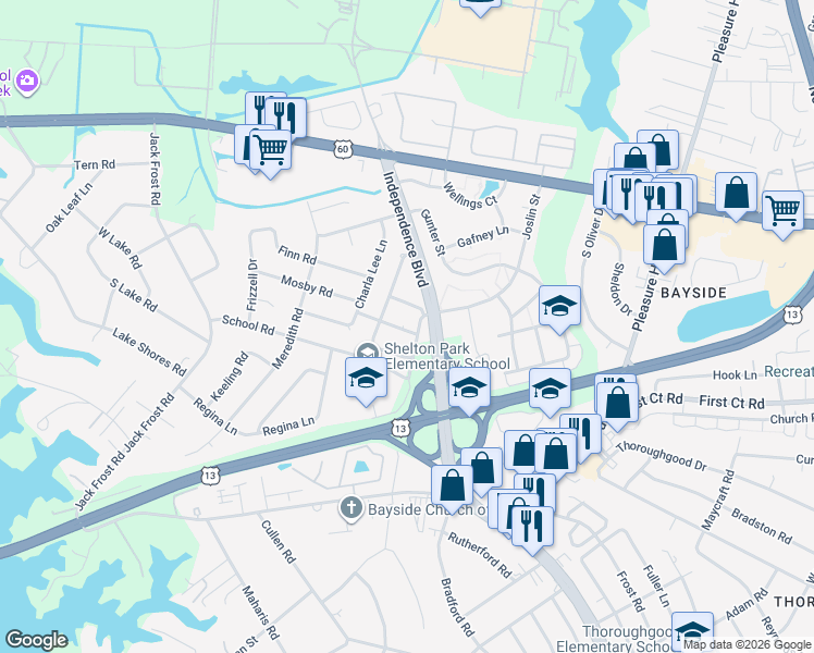 map of restaurants, bars, coffee shops, grocery stores, and more near 1825 Shelton Road in Virginia Beach