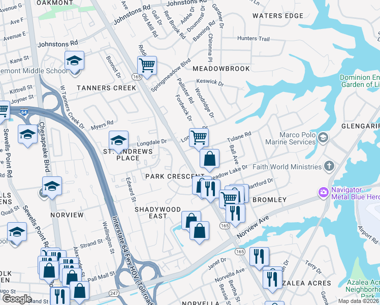 map of restaurants, bars, coffee shops, grocery stores, and more near 6506 North Military Highway in Norfolk