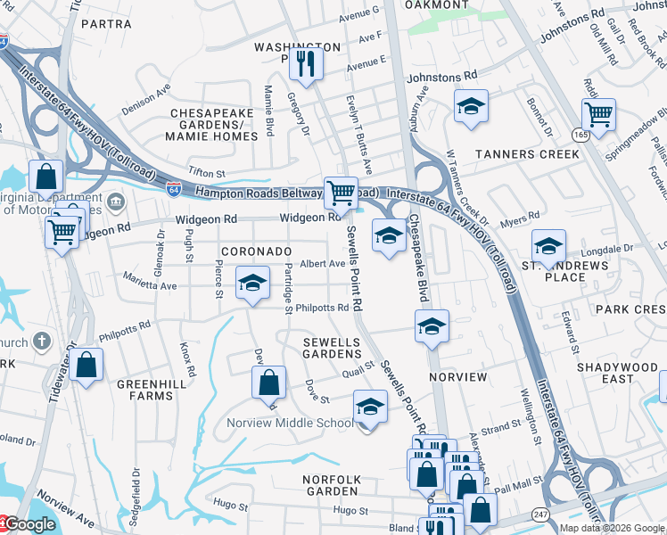 map of restaurants, bars, coffee shops, grocery stores, and more near 6600 Palem Road in Norfolk