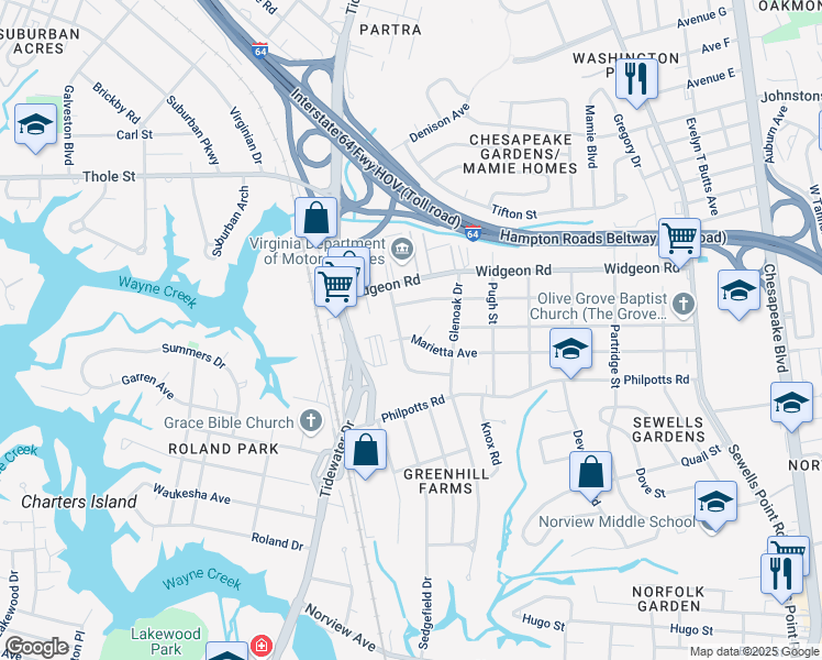 map of restaurants, bars, coffee shops, grocery stores, and more near 6553 Whitehorn Drive in Norfolk