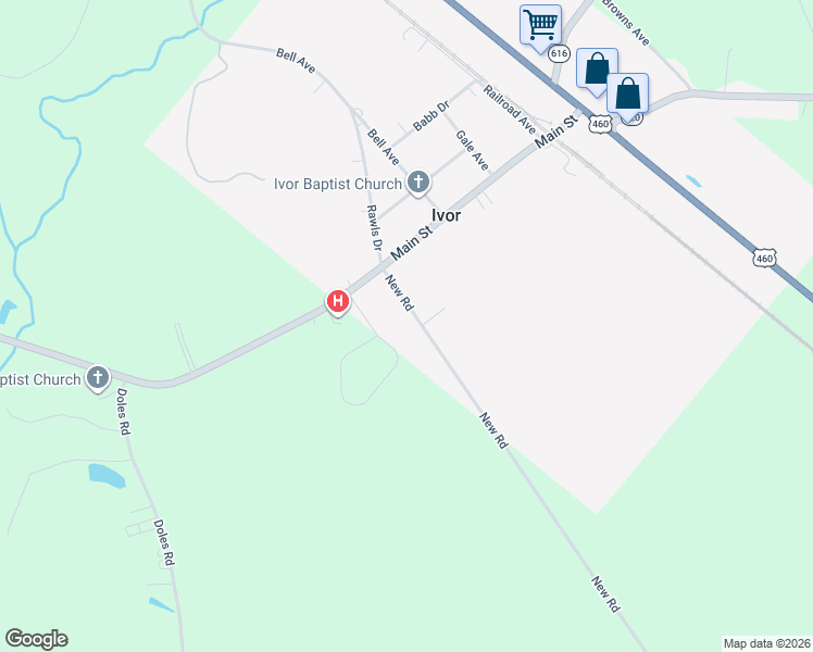 map of restaurants, bars, coffee shops, grocery stores, and more near 8652 New Road in Ivor