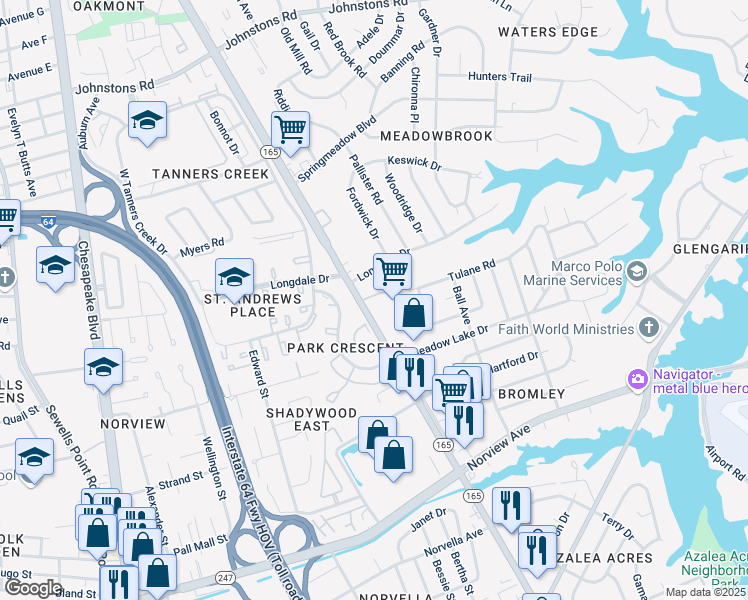 map of restaurants, bars, coffee shops, grocery stores, and more near 6506 North Military Highway in Norfolk