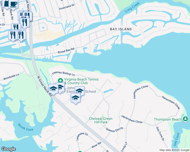 map of restaurants, bars, coffee shops, grocery stores, and more near 2092 Thomas Bishop Lane in Virginia Beach