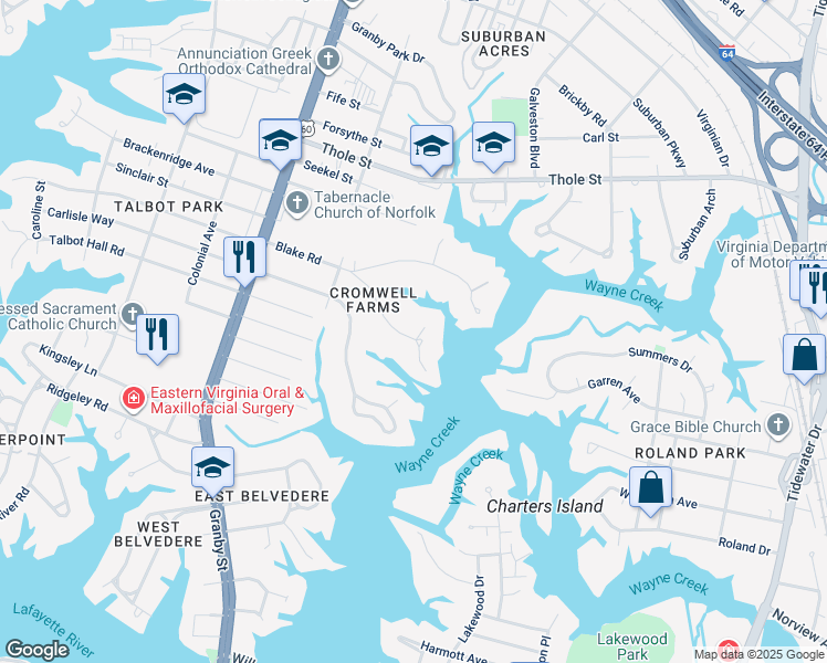 map of restaurants, bars, coffee shops, grocery stores, and more near 240 South Blake Road in Norfolk