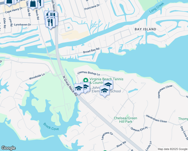map of restaurants, bars, coffee shops, grocery stores, and more near 2044 Thomas Bishop Lane in Virginia Beach