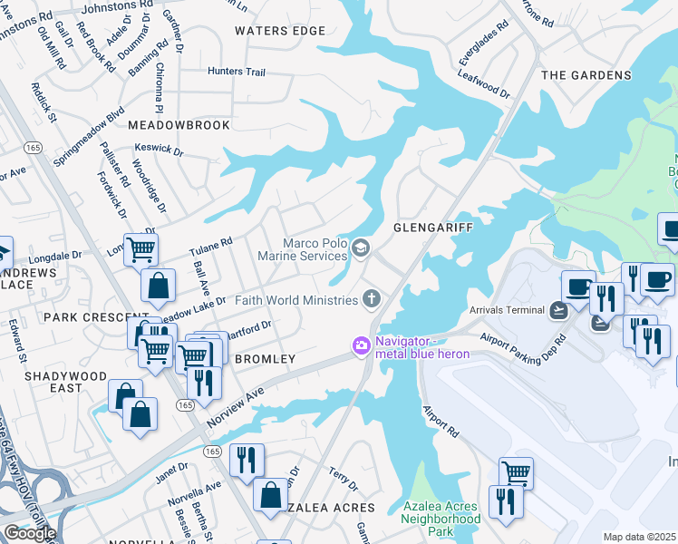 map of restaurants, bars, coffee shops, grocery stores, and more near 6241 Bridle Way in Norfolk