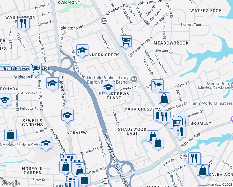 map of restaurants, bars, coffee shops, grocery stores, and more near 1440 East Tanners Creek Drive in Norfolk