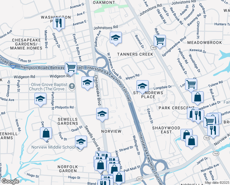 map of restaurants, bars, coffee shops, grocery stores, and more near 6610 Jefferson Court in Norfolk