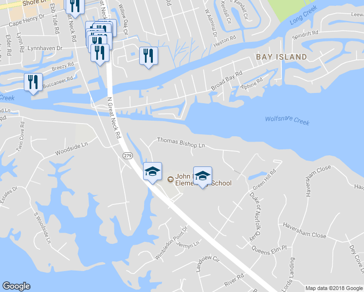 map of restaurants, bars, coffee shops, grocery stores, and more near 2044 Thomas Bishop Lane in Virginia Beach