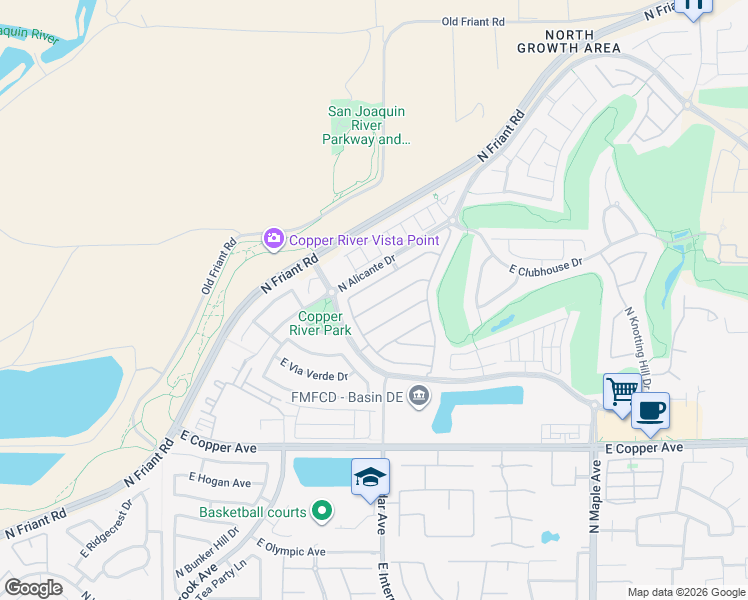 map of restaurants, bars, coffee shops, grocery stores, and more near 11314 North Via Ventana Way in Fresno