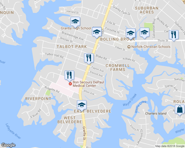 map of restaurants, bars, coffee shops, grocery stores, and more near 109 Elwood Avenue in Norfolk