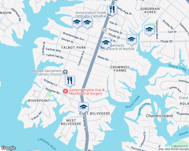 map of restaurants, bars, coffee shops, grocery stores, and more near 109 Elwood Avenue in Norfolk