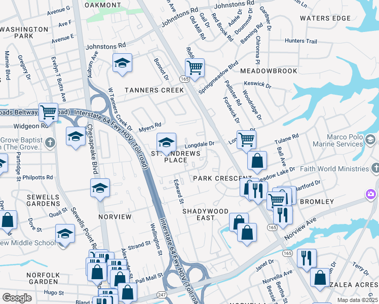 map of restaurants, bars, coffee shops, grocery stores, and more near 1457 Longdale Drive in Norfolk