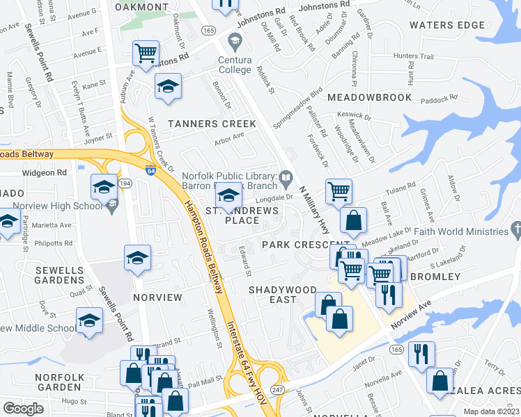 map of restaurants, bars, coffee shops, grocery stores, and more near 1457 Longdale Drive in Norfolk