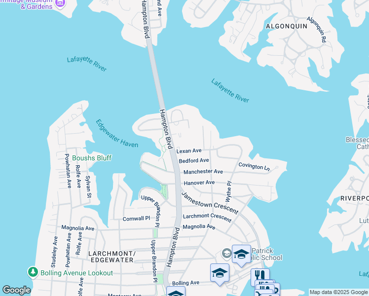 map of restaurants, bars, coffee shops, grocery stores, and more near 1144 Bedford Avenue in Norfolk