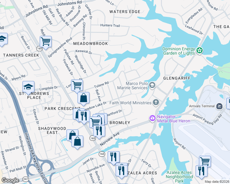 map of restaurants, bars, coffee shops, grocery stores, and more near 1830 Meadow Lake Drive in Norfolk
