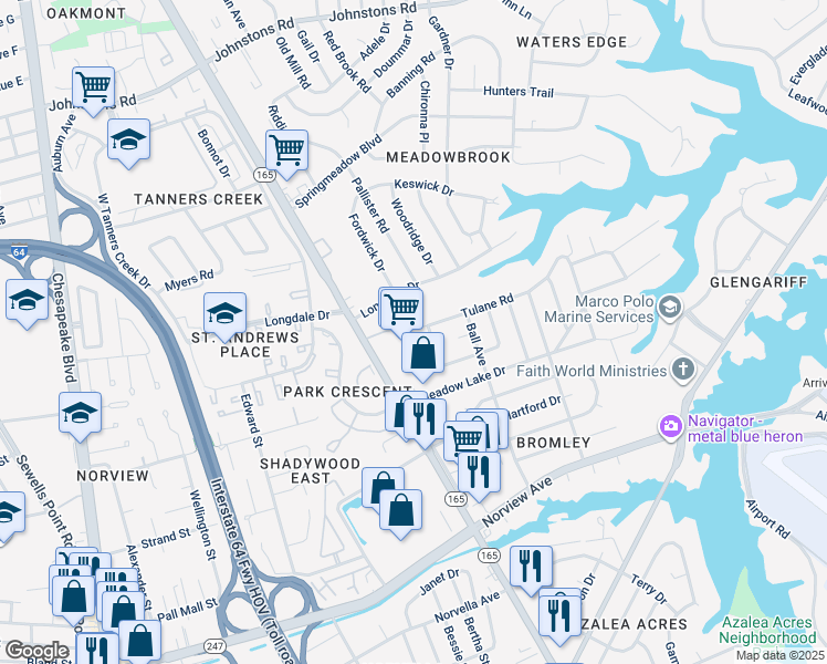 map of restaurants, bars, coffee shops, grocery stores, and more near 1674 Tulane Road in Norfolk
