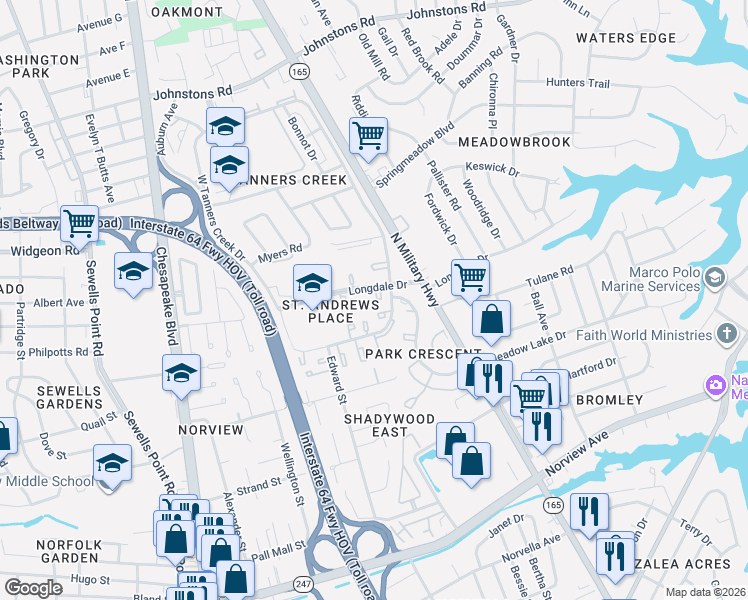 map of restaurants, bars, coffee shops, grocery stores, and more near 1479 Longdale Drive in Norfolk