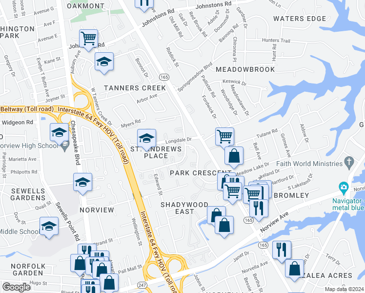map of restaurants, bars, coffee shops, grocery stores, and more near 1489 Longdale Drive in Norfolk