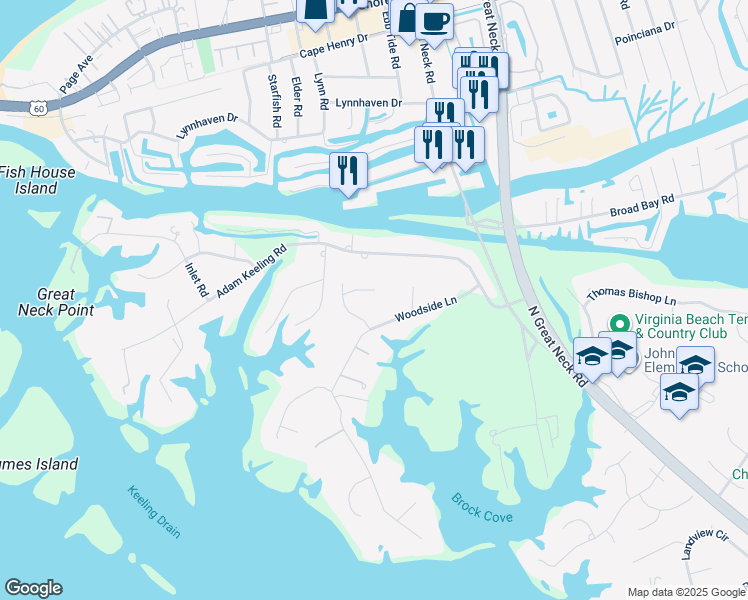 map of restaurants, bars, coffee shops, grocery stores, and more near 2905 Keelingwood Court in Virginia Beach