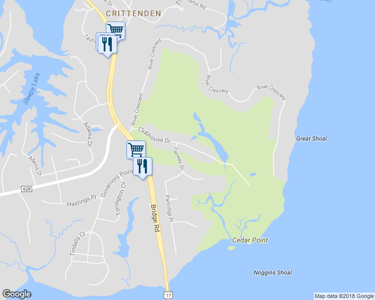 map of restaurants, bars, coffee shops, grocery stores, and more near 8041 Clubhouse Drive in Suffolk