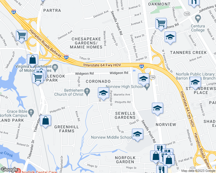 map of restaurants, bars, coffee shops, grocery stores, and more near 984 Albert Avenue in Norfolk