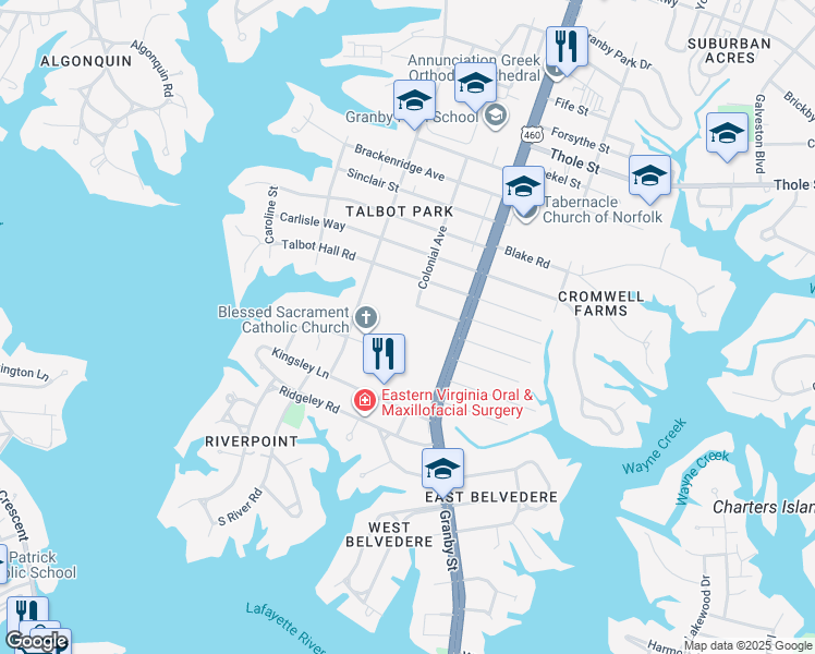 map of restaurants, bars, coffee shops, grocery stores, and more near 6311 Granby Street in Norfolk