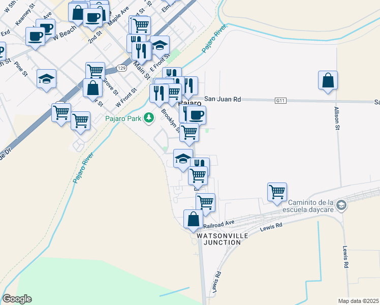 map of restaurants, bars, coffee shops, grocery stores, and more near 80 Porter Drive in Pajaro